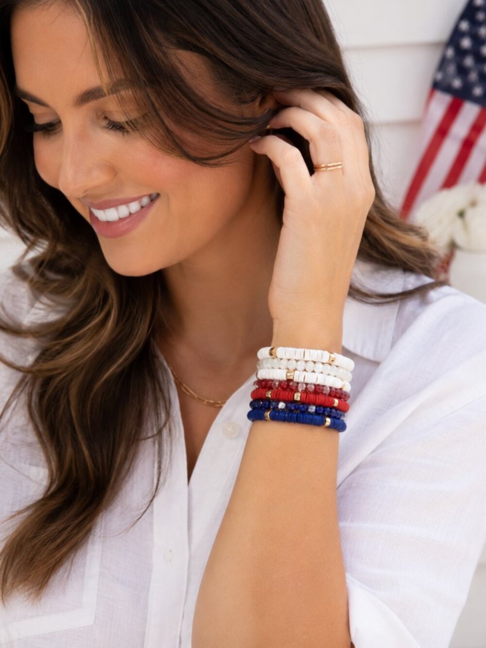NWT Red White Blue Beaded Bracelet Stack with Gold-Tone Accents